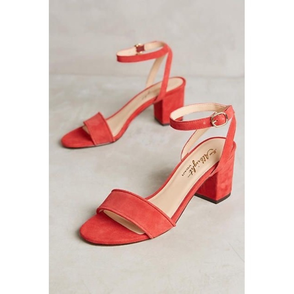 Miss Albright Anthropologie Red Suede Block Heel Ankle Strap Sandal Shoes Womens